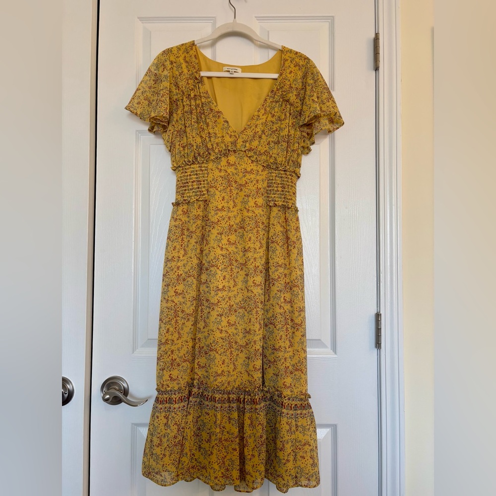 Max Studio Mustard Floral Print Flutter Sleeve Maxi Dress - Size M